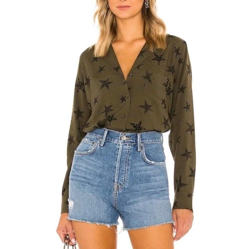 Rails Rebel Olive Cheetah Stars Shirt Womens Small Green Button Down Edgy Rock‎